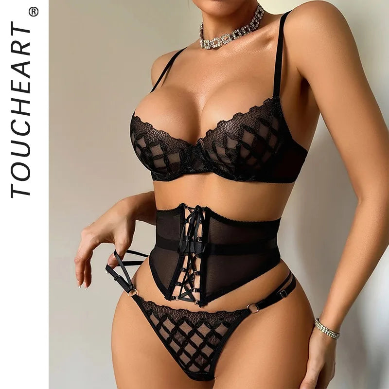 Toucheart Erotic Lingerie French Rhombus Embroidered Mesh Underwire Push-up Slimming Delicate Intimate Underwear Set