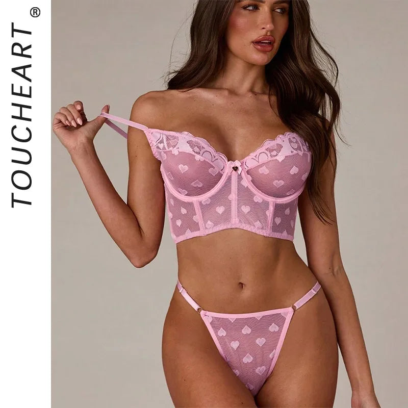Toucheart Erotic Lingerie French Style Ultra-thin See-through Heart-shaped Printed Lace Brabig Breasts Underwear Set