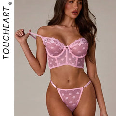 Toucheart Erotic Lingerie French Style Ultra-thin See-through Heart-shaped Printed Lace Brabig Breasts Underwear Set