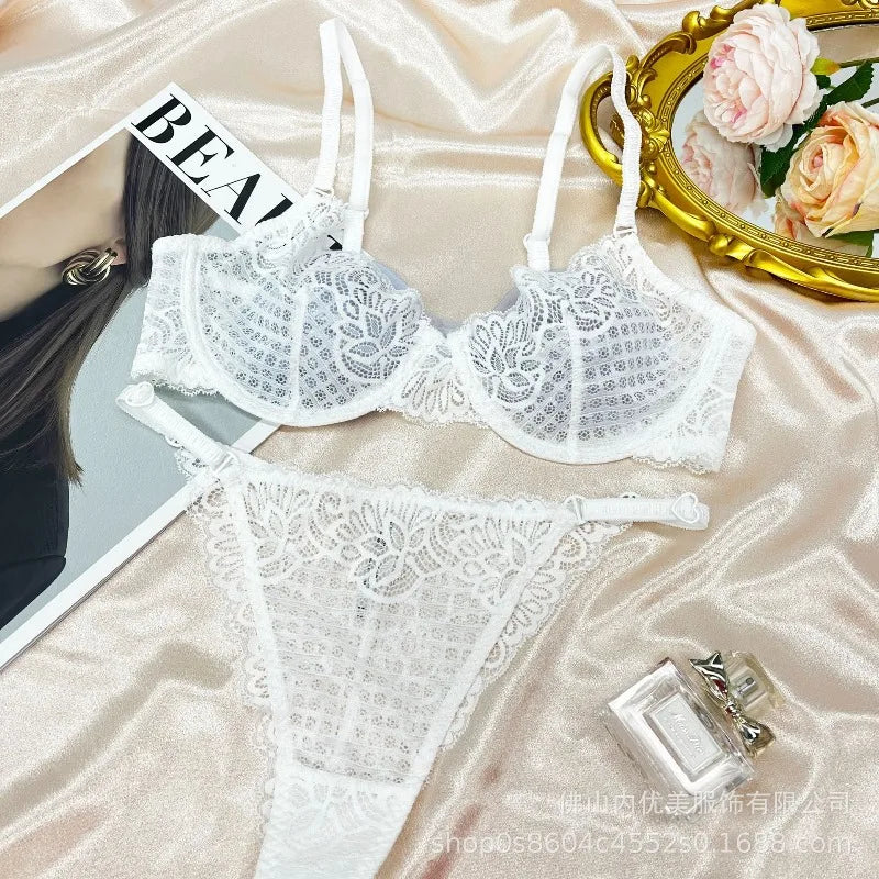Toucheart Erotic Lingerie French Style Underwear Feminine Ultra-thinplaid Lace Bra Largebreasts Showing Small Underwear Set