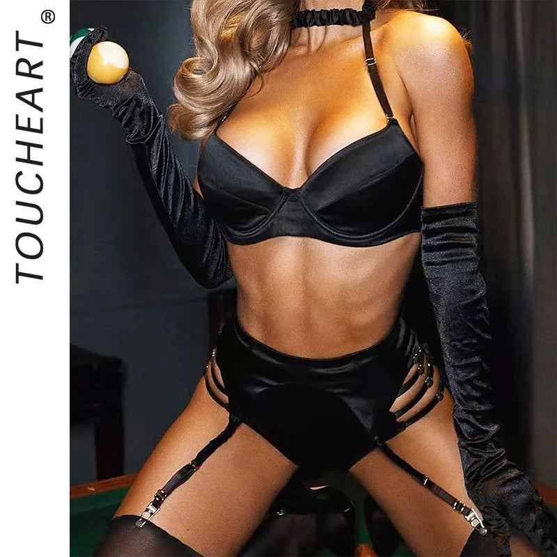 Toucheart Erotic Lingerie French Thin Underwire Push-up Bodyshaping Intimate Halter Neck Bra Split Set with Leg Socks