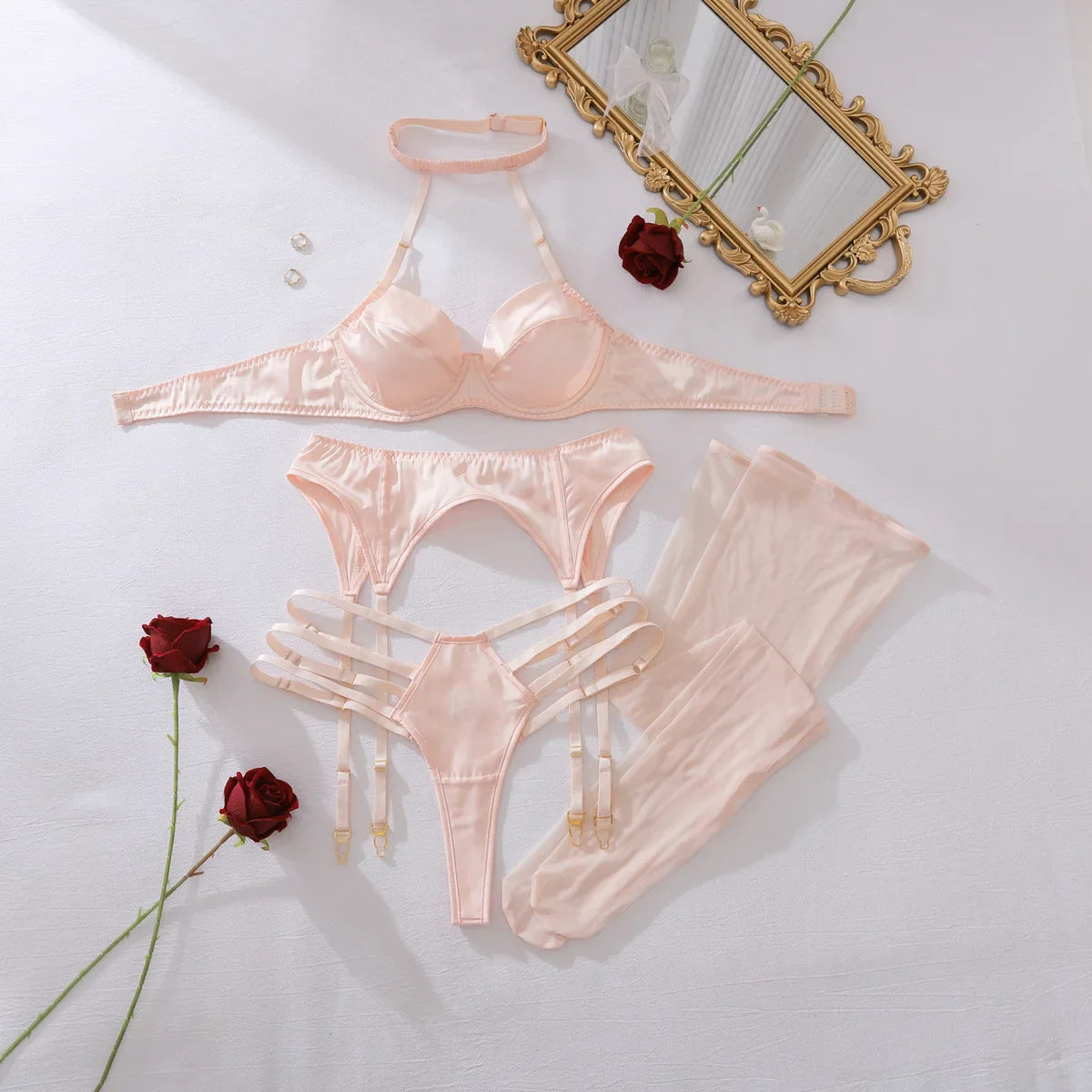 Toucheart Erotic Lingerie French Thin Underwire Push-up Bodyshaping Intimate Halter Neck Bra Split Set with Leg Socks