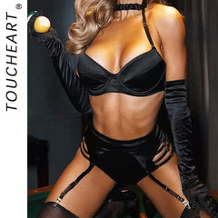 Toucheart Erotic Lingerie French Thin Underwire Push-up Bodyshaping Intimate Halter Neck Bra Split Set with Leg Socks