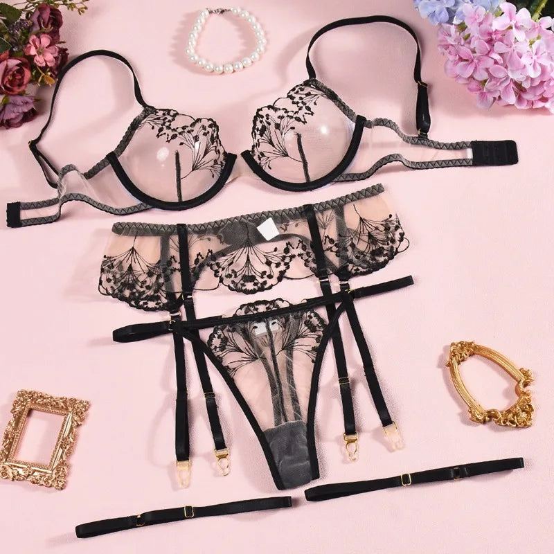 Toucheart Erotic Lingerie Gathered See-through Meshflower EmbroideryDelicate Intimate 4-piece Set