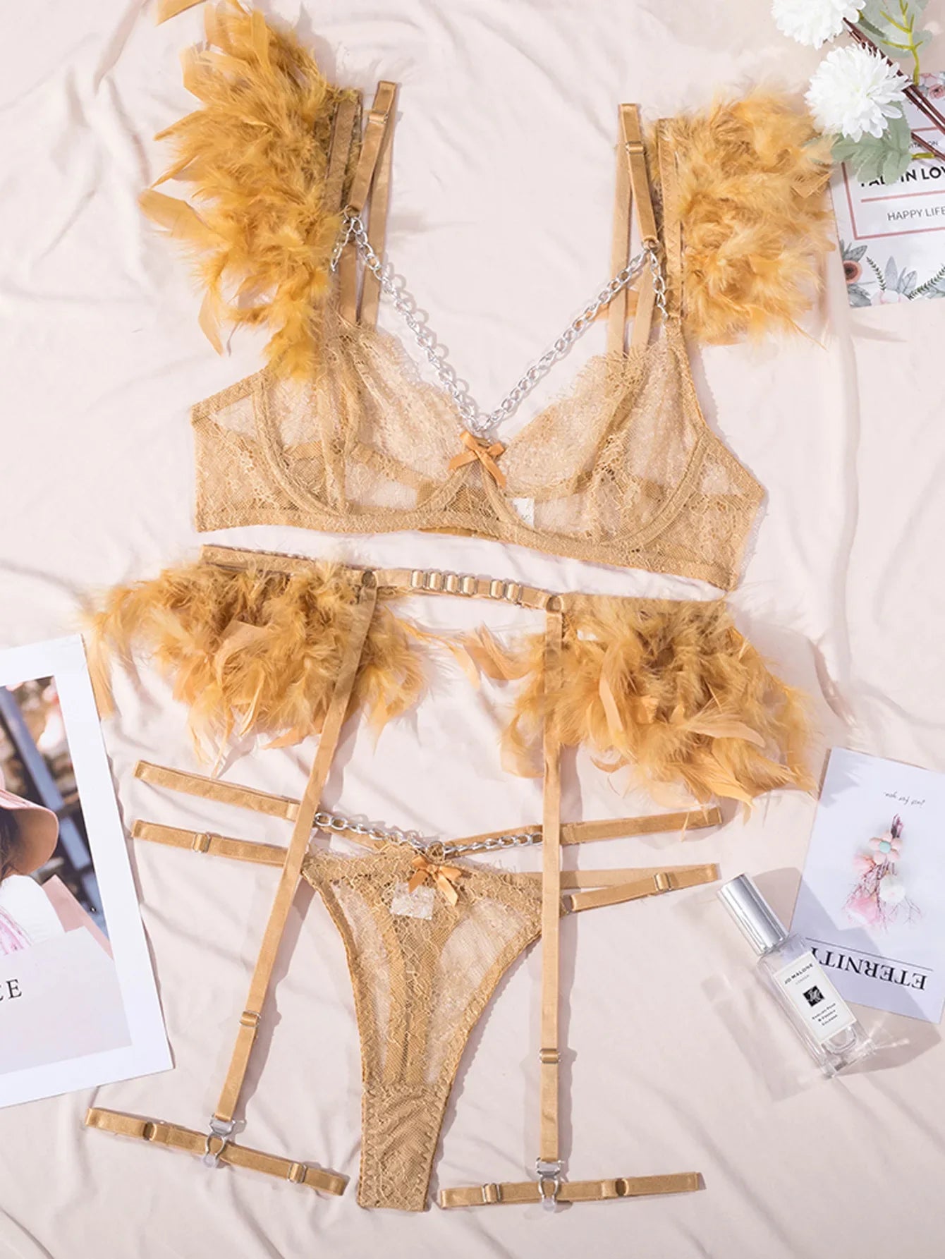 Toucheart Erotic Lingerie Golden Feather Lace Push Up Breast Revealing Chain Girl Style Romantic Intimate Underwear Set