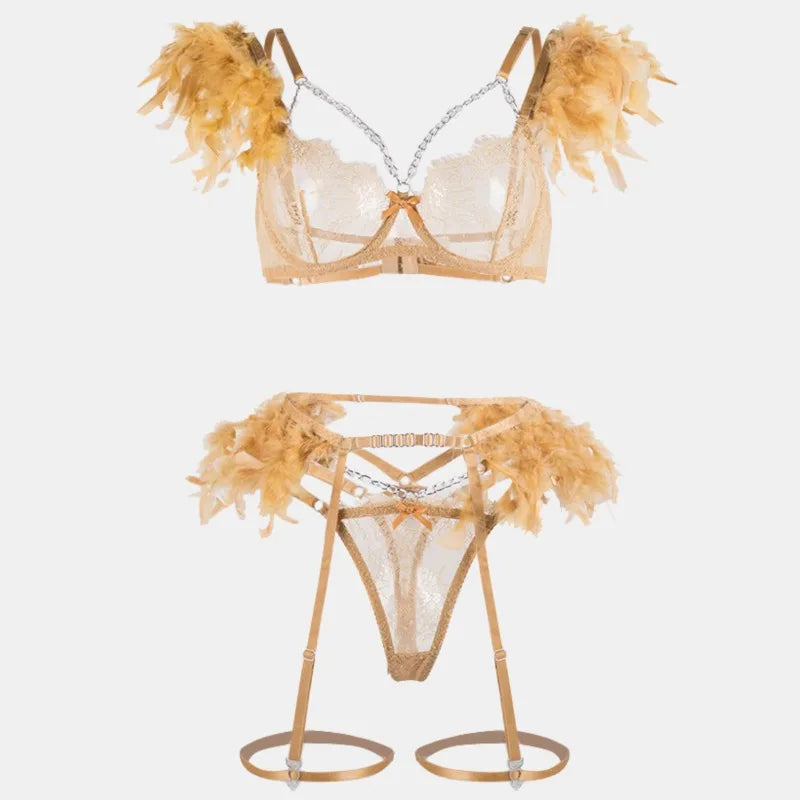 Toucheart Erotic Lingerie Golden Feather Lace Push Up Breast Revealing Chain Girl Style Romantic Intimate Underwear Set