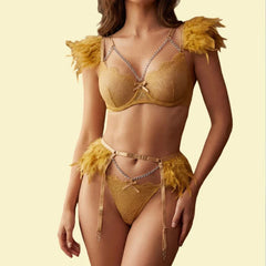 Toucheart Erotic Lingerie Golden Feather Lace Push Up Breast Revealing Chain Girl Style Romantic Intimate Underwear Set