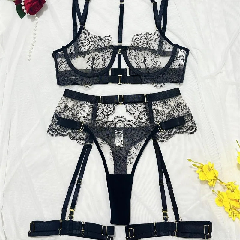 Toucheart Erotic Lingerie Heavy Embroidery Lingerie Set Metal Front Buckle Bodyshaping Intimate Five-piece Suit