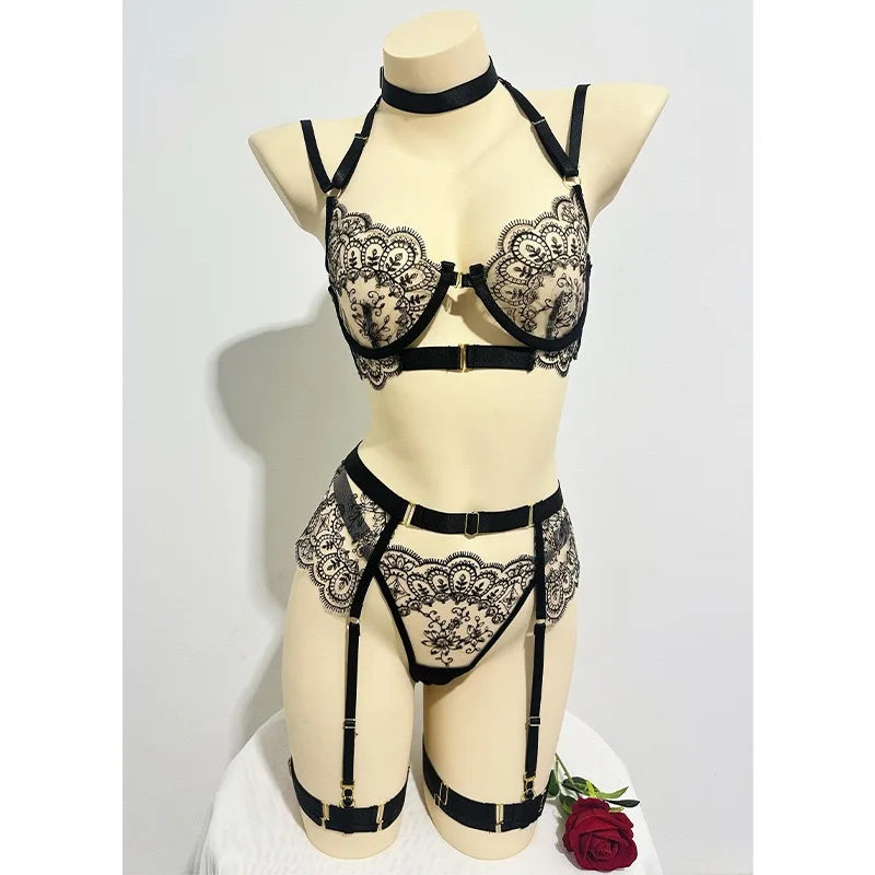 Toucheart Erotic Lingerie Heavy Embroidery Lingerie Set Metal Front Buckle Bodyshaping Intimate Five-piece Suit