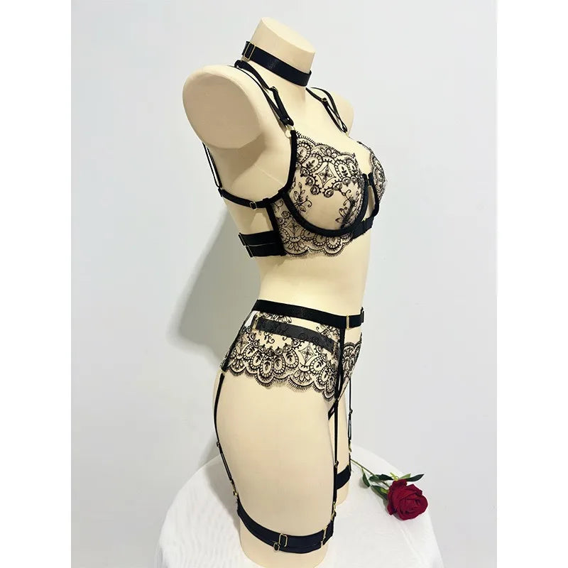 Toucheart Erotic Lingerie Heavy Embroidery Lingerie Set Metal Front Buckle Bodyshaping Intimate Five-piece Suit
