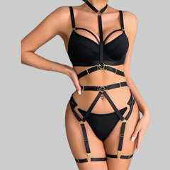 Toucheart Erotic Lingerie Heavy Industry Complex Strap Cross Strap Black Halter Neck Lingerie Four-piece Set For