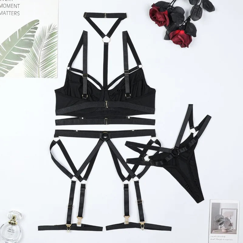 Toucheart Erotic Lingerie Heavy Industry Complex Strap Cross Strap Black Halter Neck Lingerie Four-piece Set For