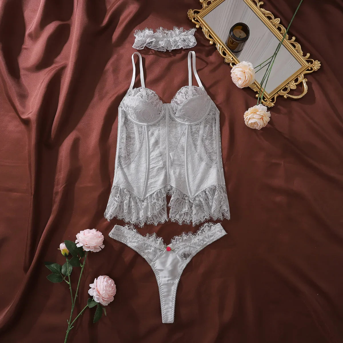 Toucheart Erotic Lingerie High-end Silver Lace Sling Body-shaping Breasted Steel Ring Push-up Underwear Three-piece Set
