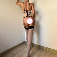 Toucheart Erotic Lingerie High-quality Metal Chain Decorated Mesh See-through Shapingslim Lingerie Split Set with Stockings