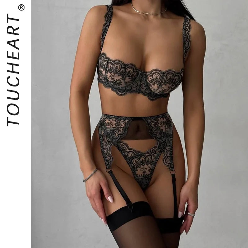 Toucheart Erotic Lingerie High-quality See-through Floral Embroidered Underwire Push-up Bodyshaping Pure Lust Lingerie Split Set