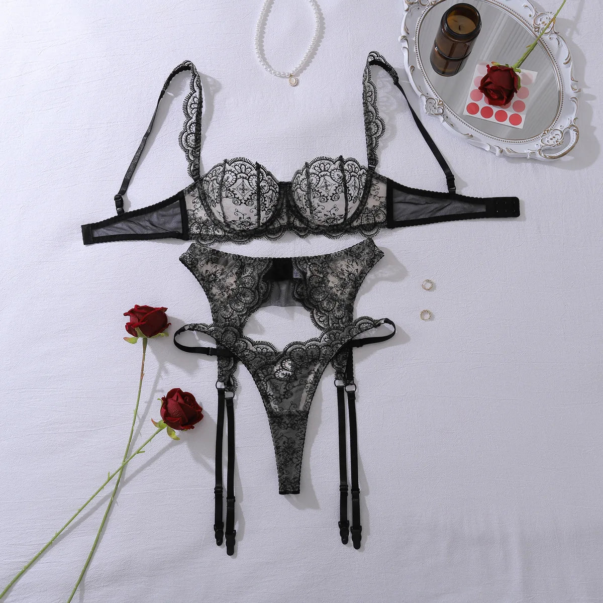 Toucheart Erotic Lingerie High-quality See-through Floral Embroidered Underwire Push-up Bodyshaping Pure Lust Lingerie Split Set