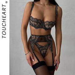 Toucheart Erotic Lingerie High-quality See-through Floral Embroidered Underwire Push-up Bodyshaping Pure Lust Lingerie Split Set