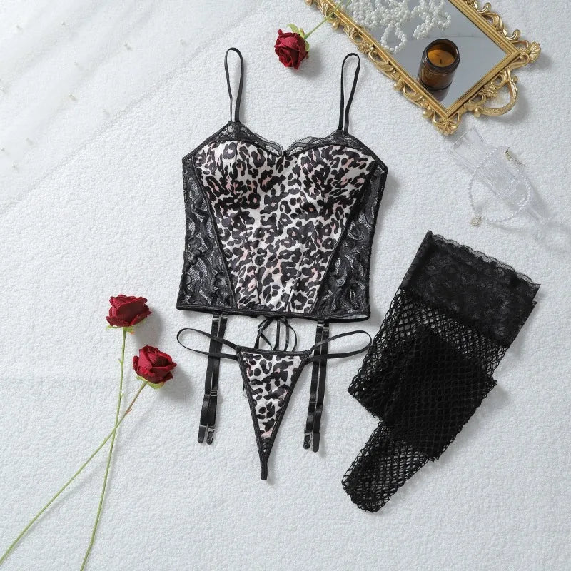 Toucheart Erotic Lingerie Girl Leopard Print Suspender See-through Lace Waist Shaping Luxurious Underwear Split Set