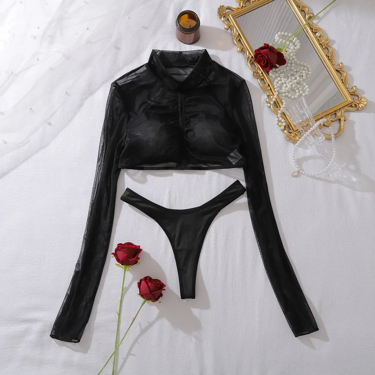 Toucheart Erotic Lingeriegirl Style Mesh See-through Half-high Collar Long-sleeved Body-shaping Slimming Split Two-piece Set