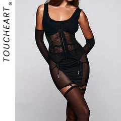 Toucheart Erotic Lingerietie Stitching Butt-covering Short Skirt Body-shaping Garter Belt Underwearsplit Set Withgloves