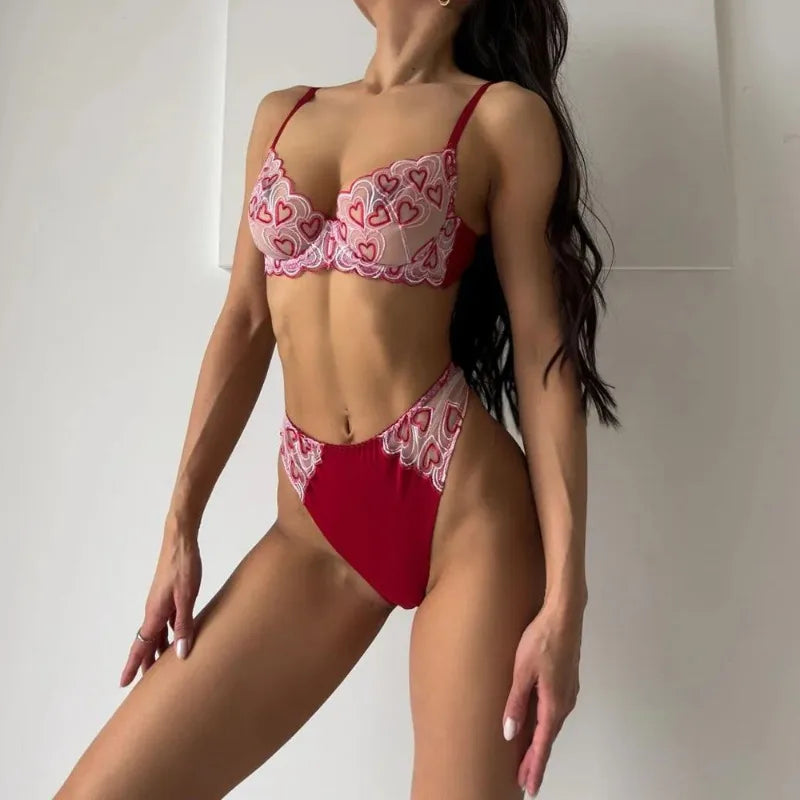 Toucheart Erotic Lingerie LOVE Embroidery See-through Contrast Color Slim Backless Premium Mesh Underwear2PCS Set