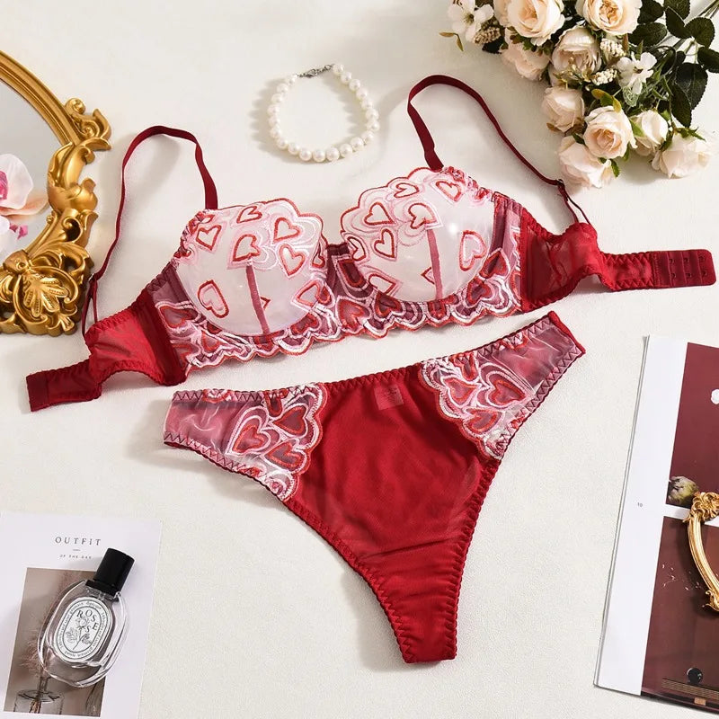 Toucheart Erotic Lingerie LOVE Embroidery See-through Contrast Color Slim Backless Premium Mesh Underwear2PCS Set