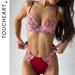 Toucheart Erotic Lingerie LOVE Embroidery See-through Contrast Color Slim Backless Premium Mesh Underwear2PCS Set