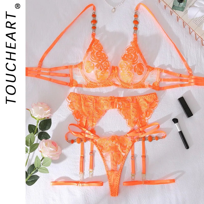 Toucheart Erotic Lingerie Lace Embroidery See-through Meshpure Desire Intimate Corset Garter Set