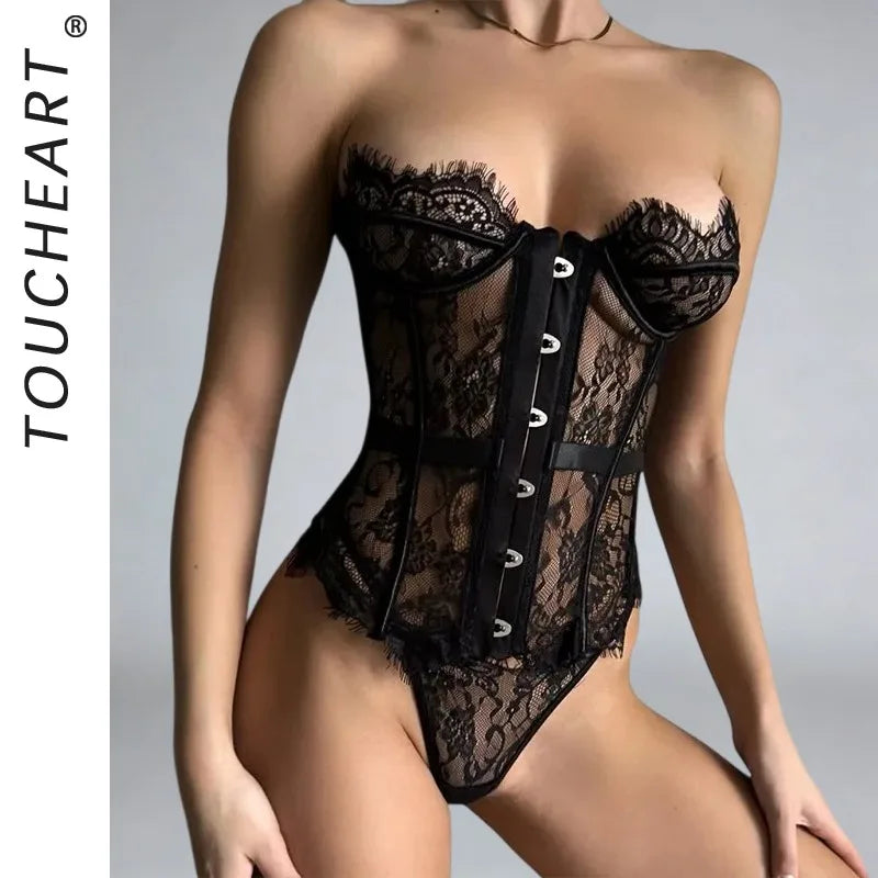 Toucheart Erotic Lingerie Lace Floral See-through Body Shaping Fishbone Girdle Pure Desire Intimate Underwear Set