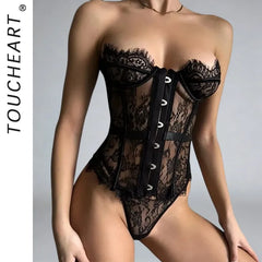 Toucheart Erotic Lingerie Lace Floral See-through Body Shaping Fishbone Girdle Pure Desire Intimate Underwear Set