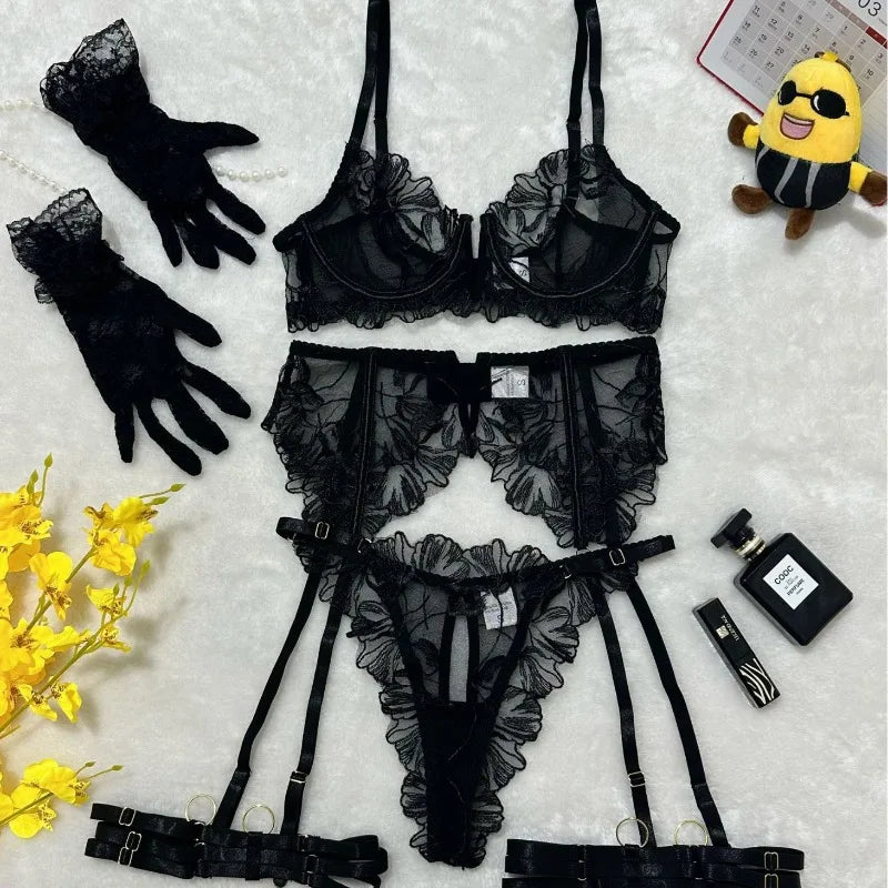 Toucheart Erotic Lingerie Lace Backless Comfortable Bra Set Underwear Panties Garter Belt Five-piece Set