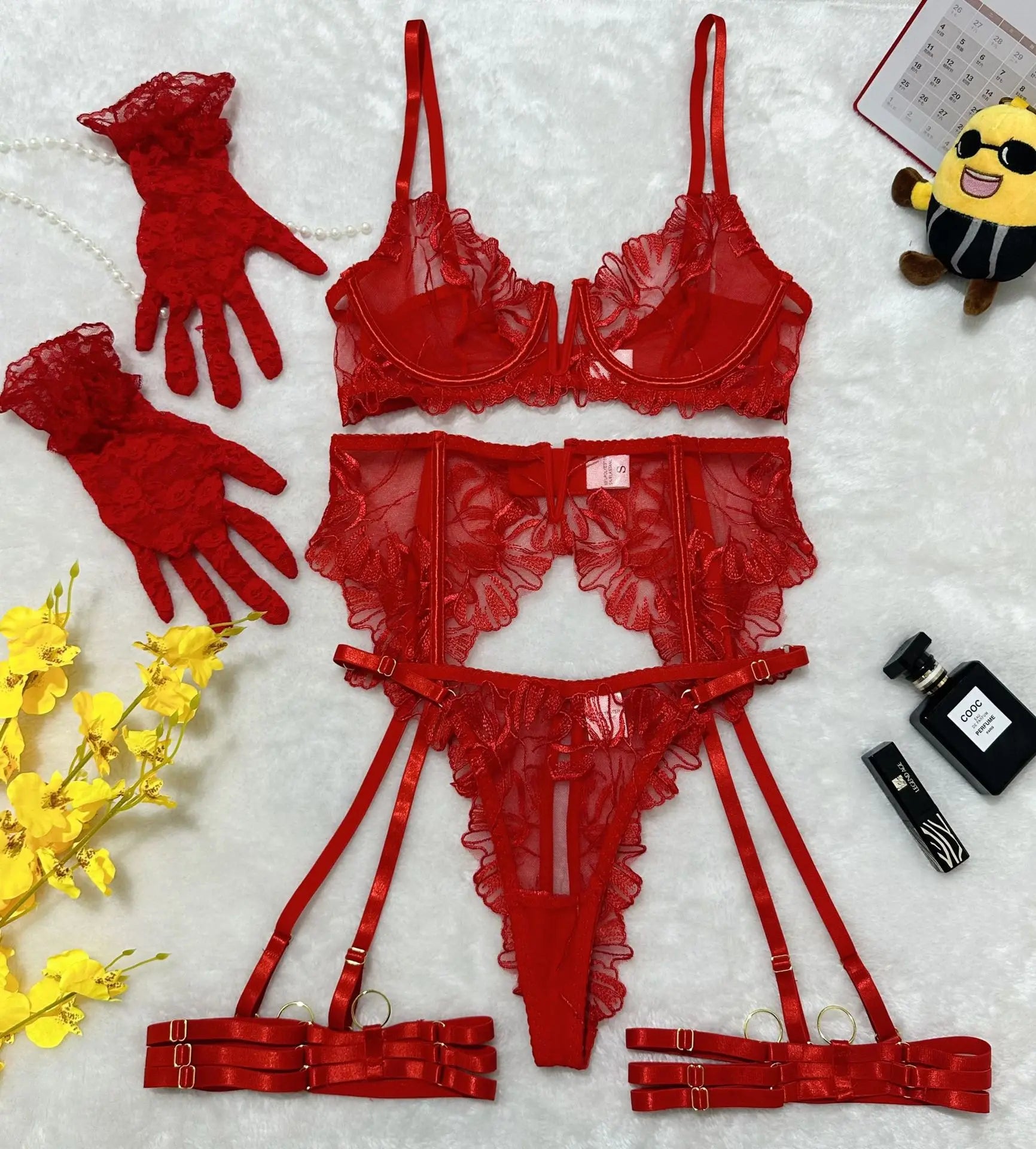 Toucheart Erotic Lingerie Lace Backless Comfortable Bra Set Underwear Panties Garter Belt Five-piece Set