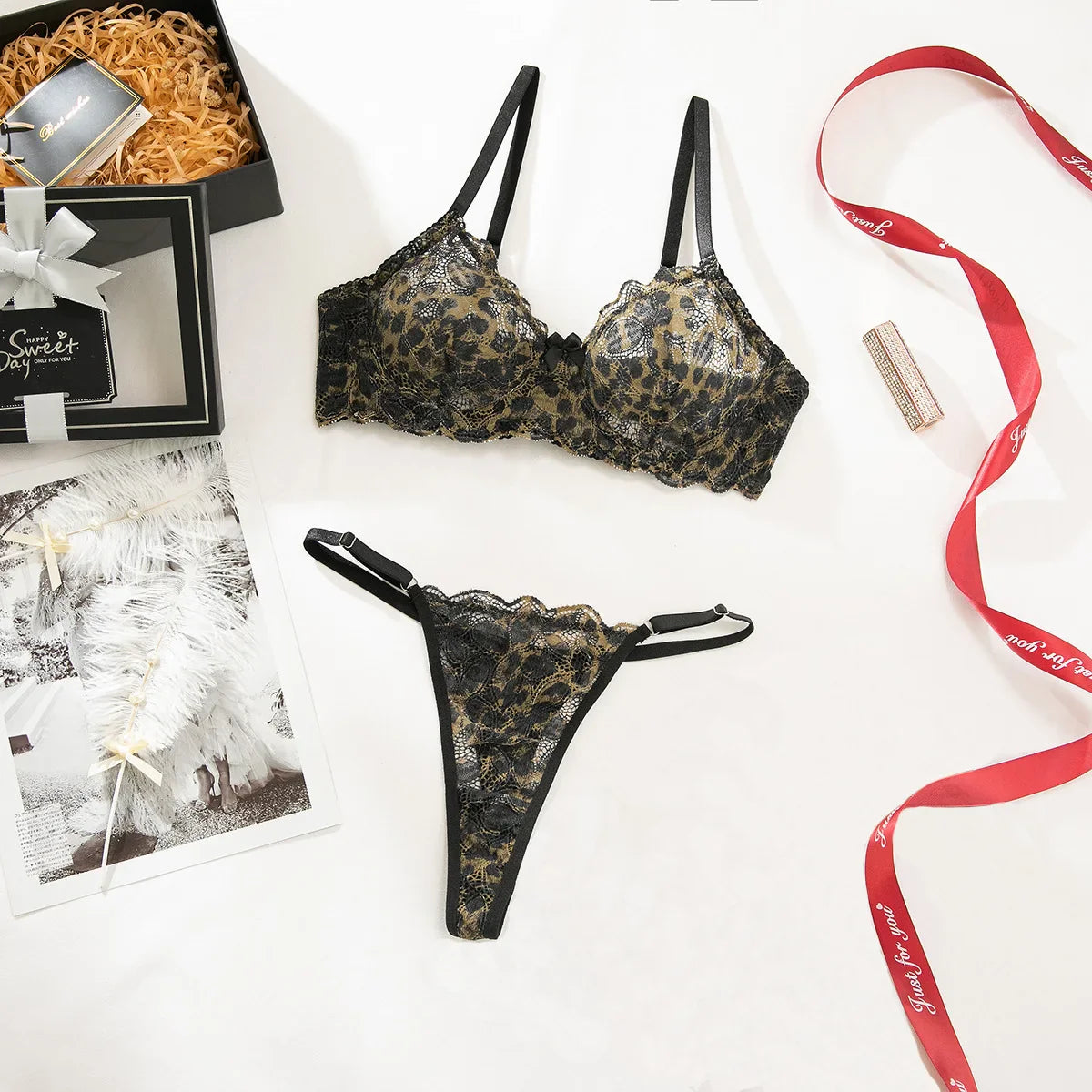 Toucheart Erotic Lingerie Lace See-through Leopard Lace Print Set Body Shaping Lingerie 2-piece Set