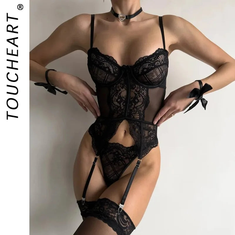 Toucheart Erotic Lingerie Lace See-through Body Shaping Pure Desire Flirt Private Underwear Set