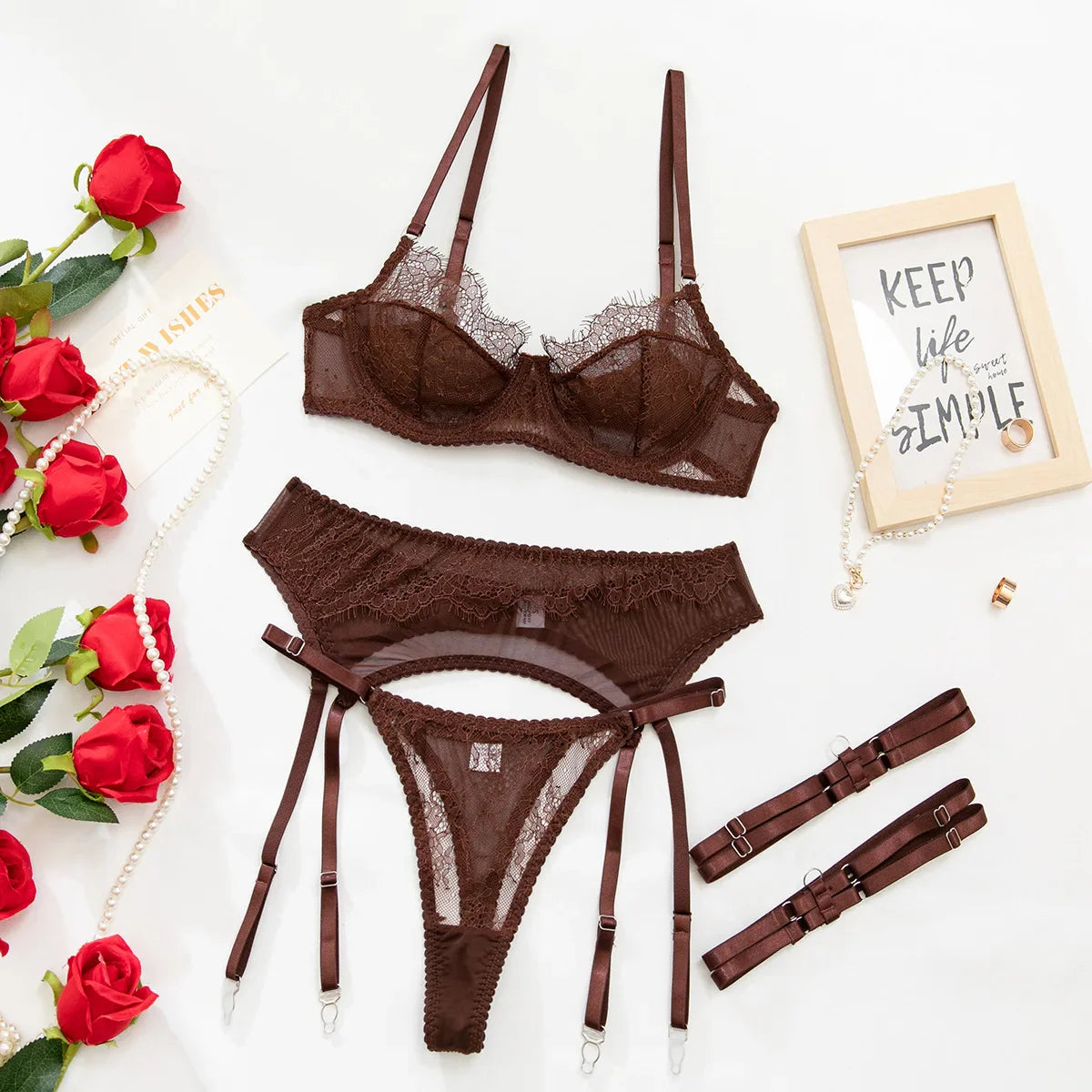 Toucheart Erotic Lingerie Lace Underwear Thin See-through Push-up Large Breasts Revealing Small Underwear Four-piece Set