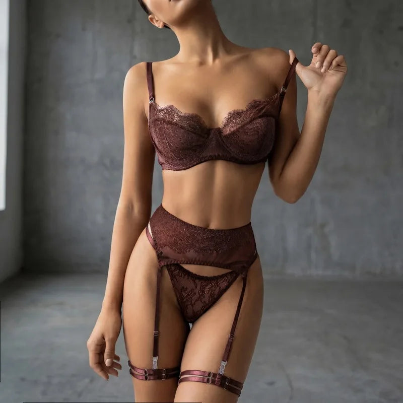 Toucheart Erotic Lingerie Lace Underwear Thin See-through Push-up Large Breasts Revealing Small Underwear Four-piece Set