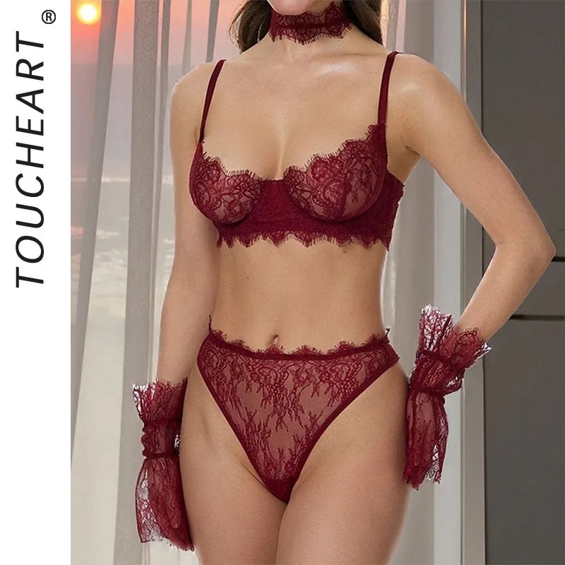 Toucheart Erotic Lingerie Lace Underwire Three-point Lingerie Gloves Neck Ring Multi-piece Set Exquisite Lingerie Set