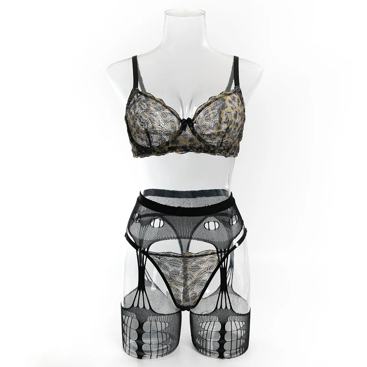 Toucheart Erotic Lingerie Leopard Pattern Lace with Stockings Body Shaping Intimate Delicate Underwear Set