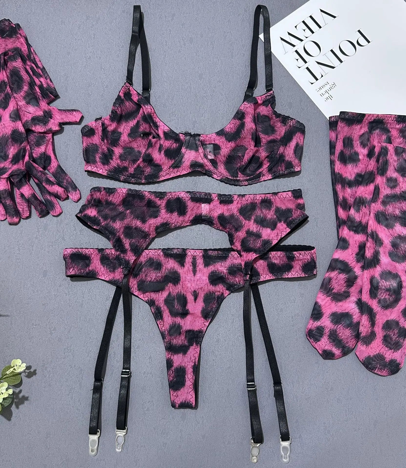Toucheart Erotic Lingerie Leopard Print 5-piece Set with Gloves and Stockings Tie-dye Printed Lingerie Suit