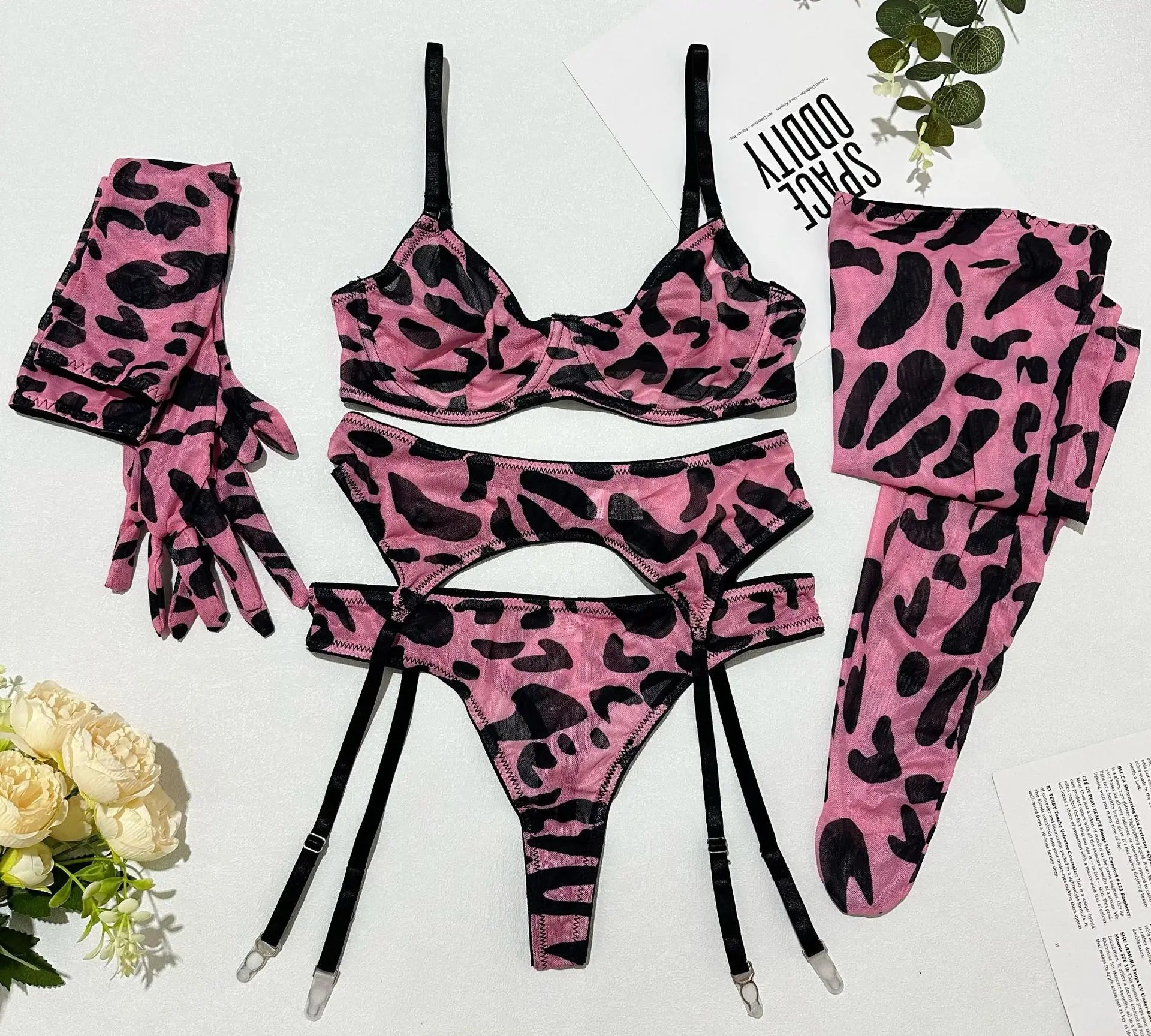 Toucheart Erotic Lingerie Leopard Print 5-piece Set with Gloves and Stockings Tie-dye Printed Lingerie Suit