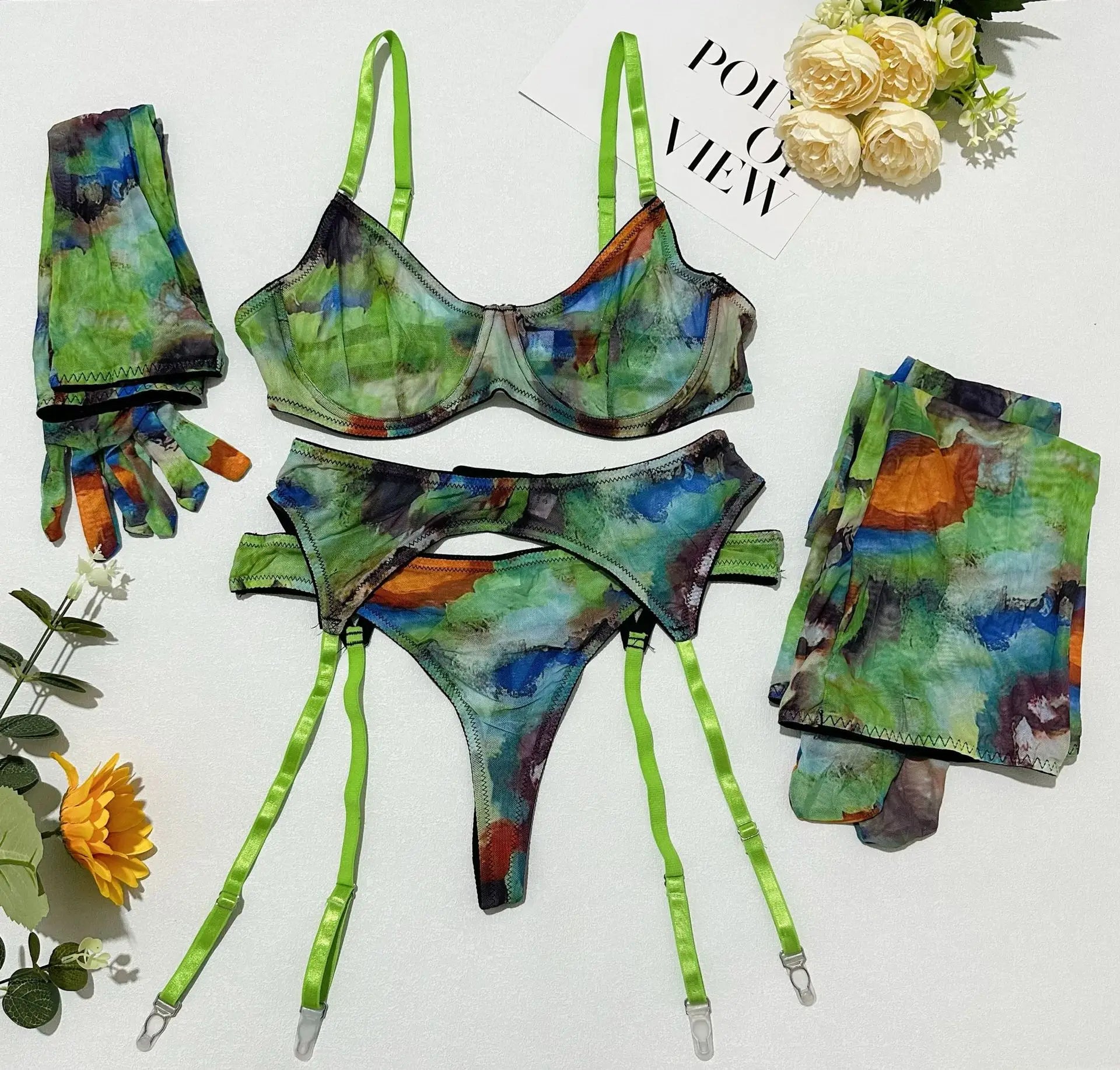 Toucheart Erotic Lingerie Leopard Print 5-piece Set with Gloves and Stockings Tie-dye Printed Lingerie Suit