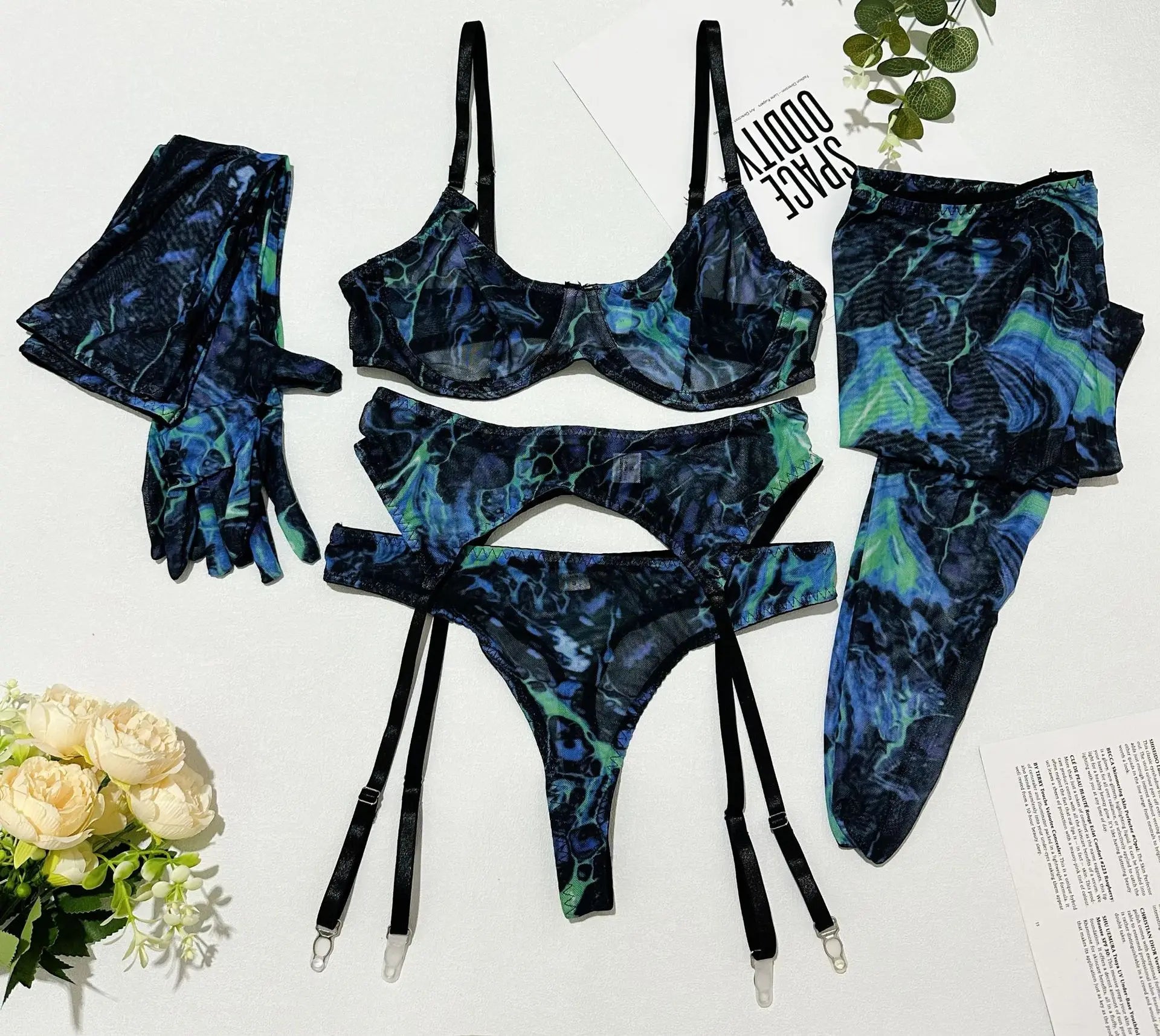 Toucheart Erotic Lingerie Leopard Print 5-piece Set with Gloves and Stockings Tie-dye Printed Lingerie Suit