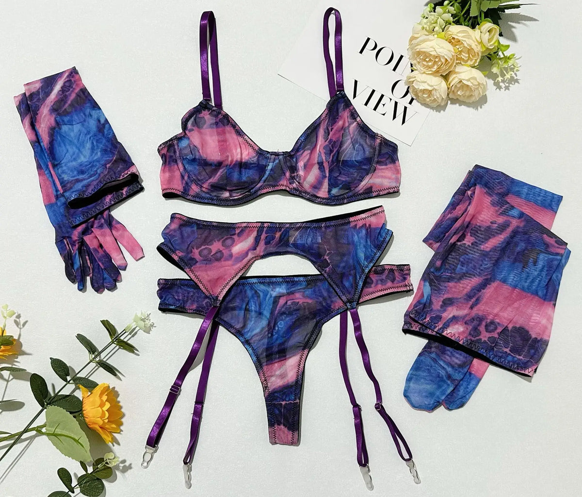 Toucheart Erotic Lingerie Leopard Print 5-piece Set with Gloves and Stockings Tie-dye Printed Lingerie Suit