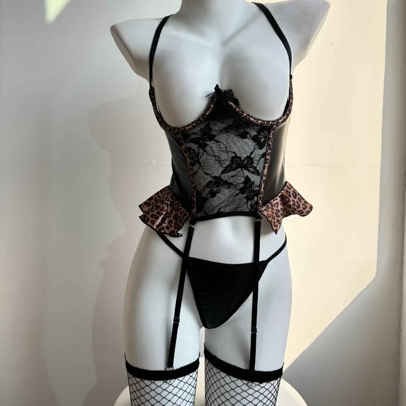 Toucheart Erotic Lingerie Leopard Print with Steel Ring Showing Breasts Sling Flirt Underwear Set