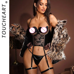 Toucheart Erotic Lingerie Leopard Print with Steel Ring Showing Breasts Sling Flirt Underwear Set