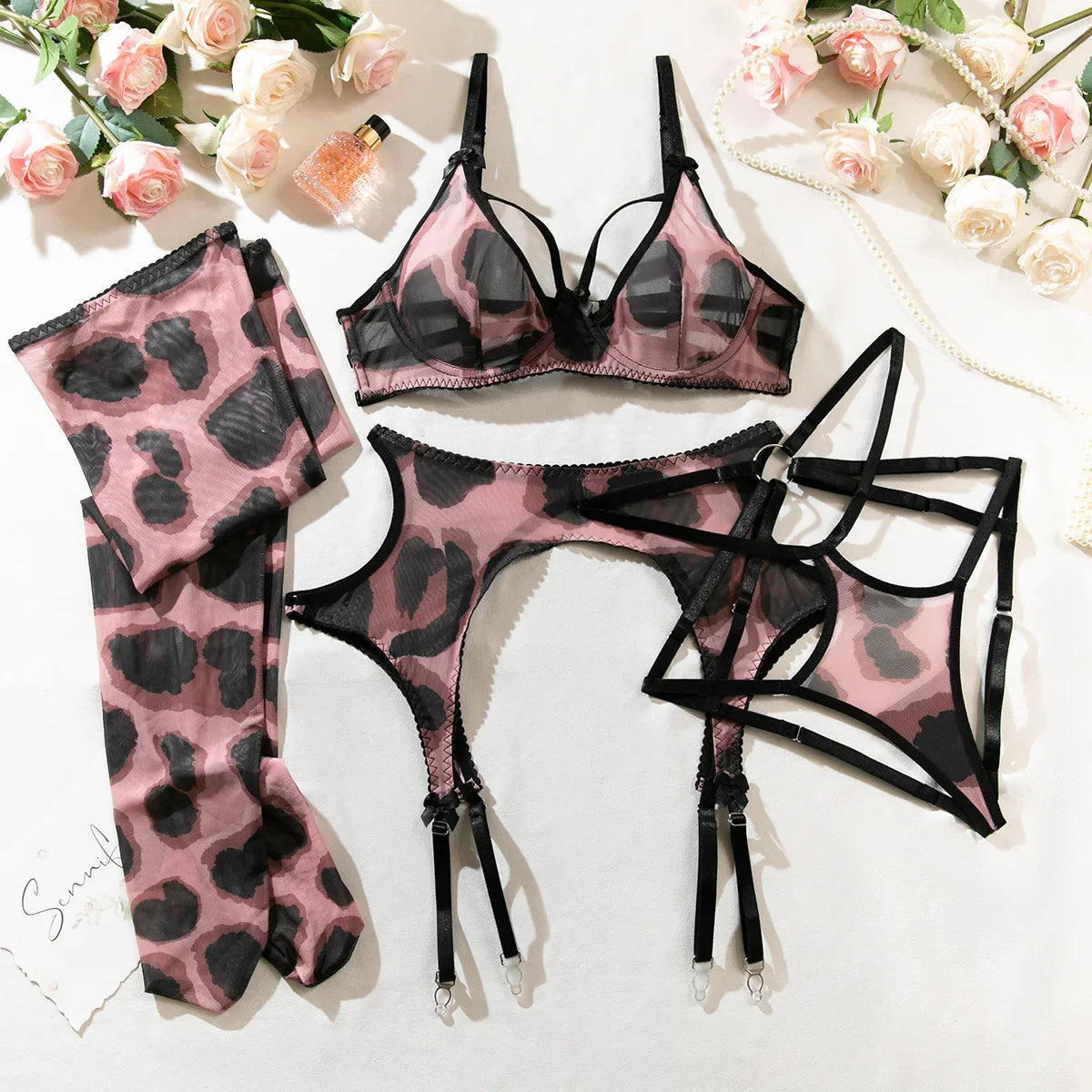 Toucheart Erotic Lingerie Leopard Print Four-piece Set Ultra-thin See-through Push-up Underwear Sex Set