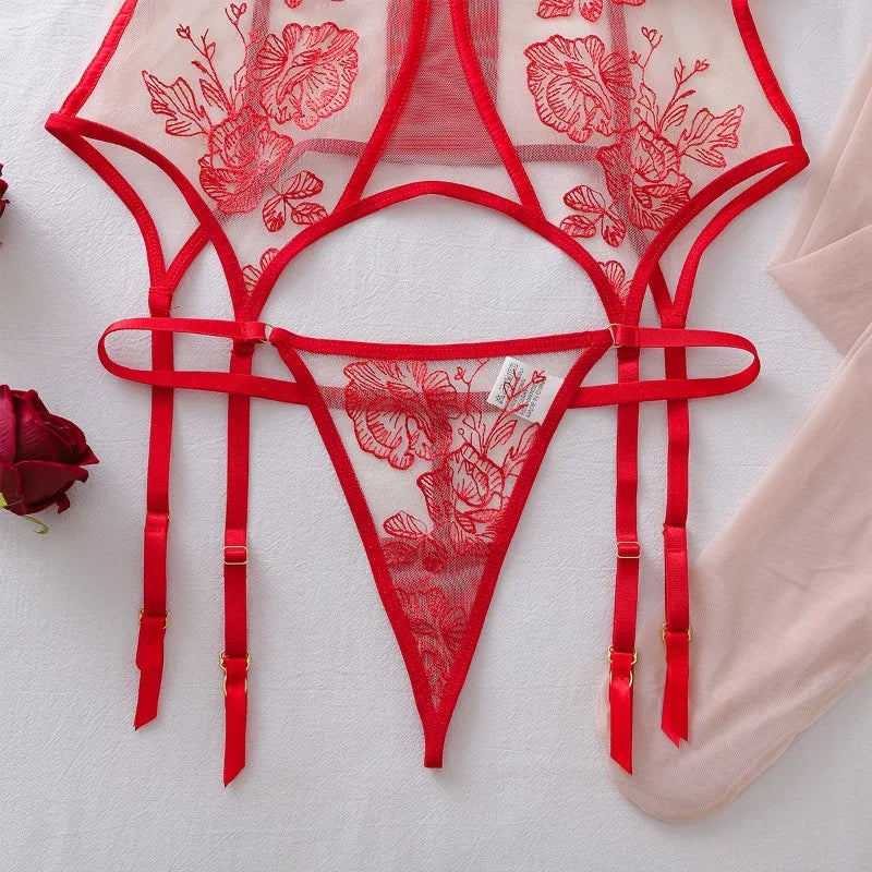Toucheart Erotic Lingerie Light Luxury Floral Embroidery See-through Body-shaping Lightweight Underwear Three-piece