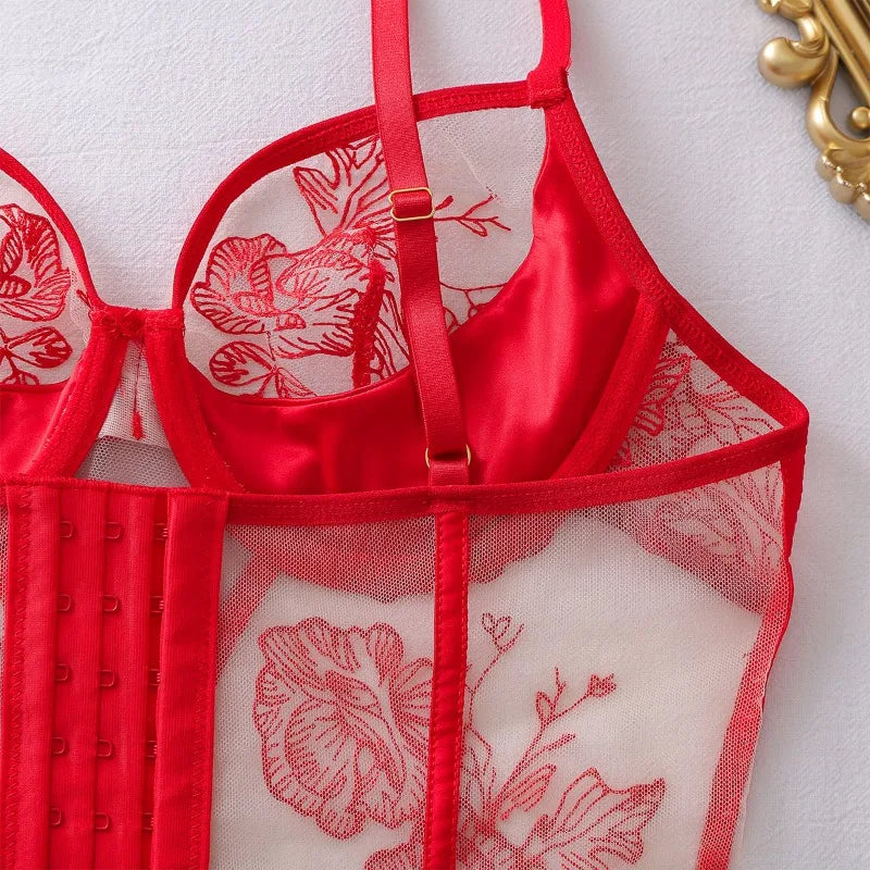 Toucheart Erotic Lingerie Light Luxury Floral Embroidery See-through Body-shaping Lightweight Underwear Three-piece