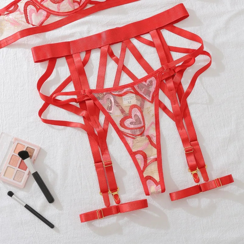 Toucheart Erotic Lingerie Love Embroidered Strappy Bra Set See-through Mesh Shapewear Four-piece Set