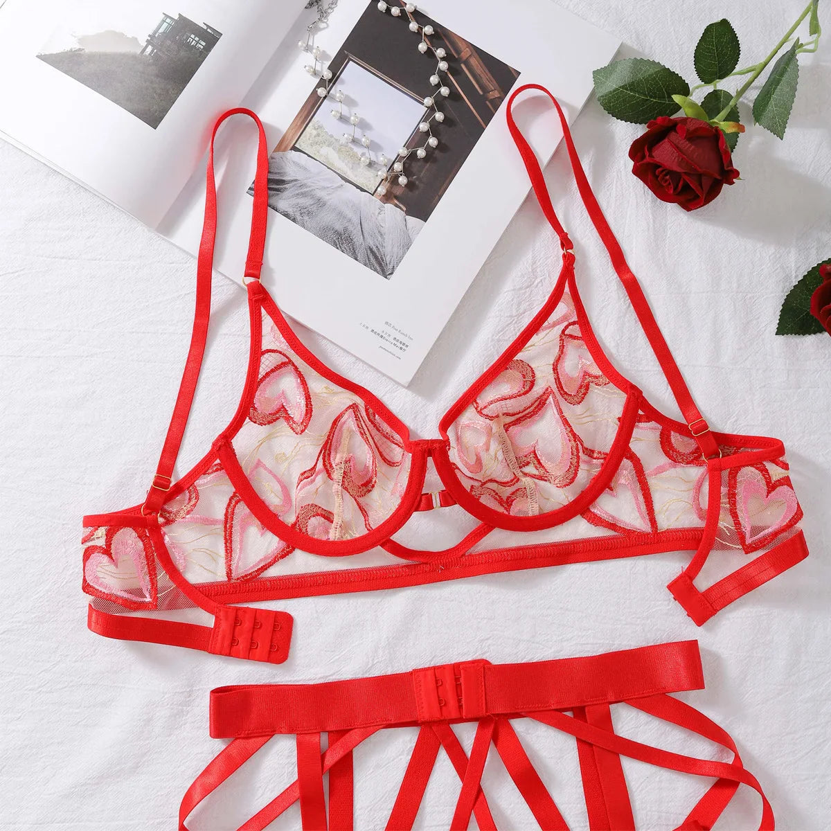 Toucheart Erotic Lingerie Love Embroidered Strappy Bra Set See-through Mesh Shapewear Four-piece Set